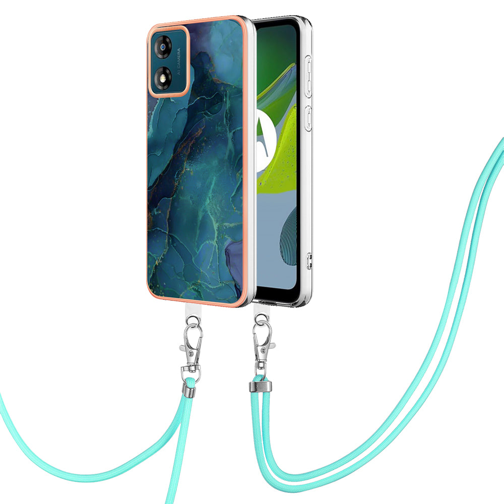 YB IMD Series-18 Style E for Motorola Moto E13 4G Marble Pattern Phone Case 2.0mm TPU Shockproof Cover with Lanyard