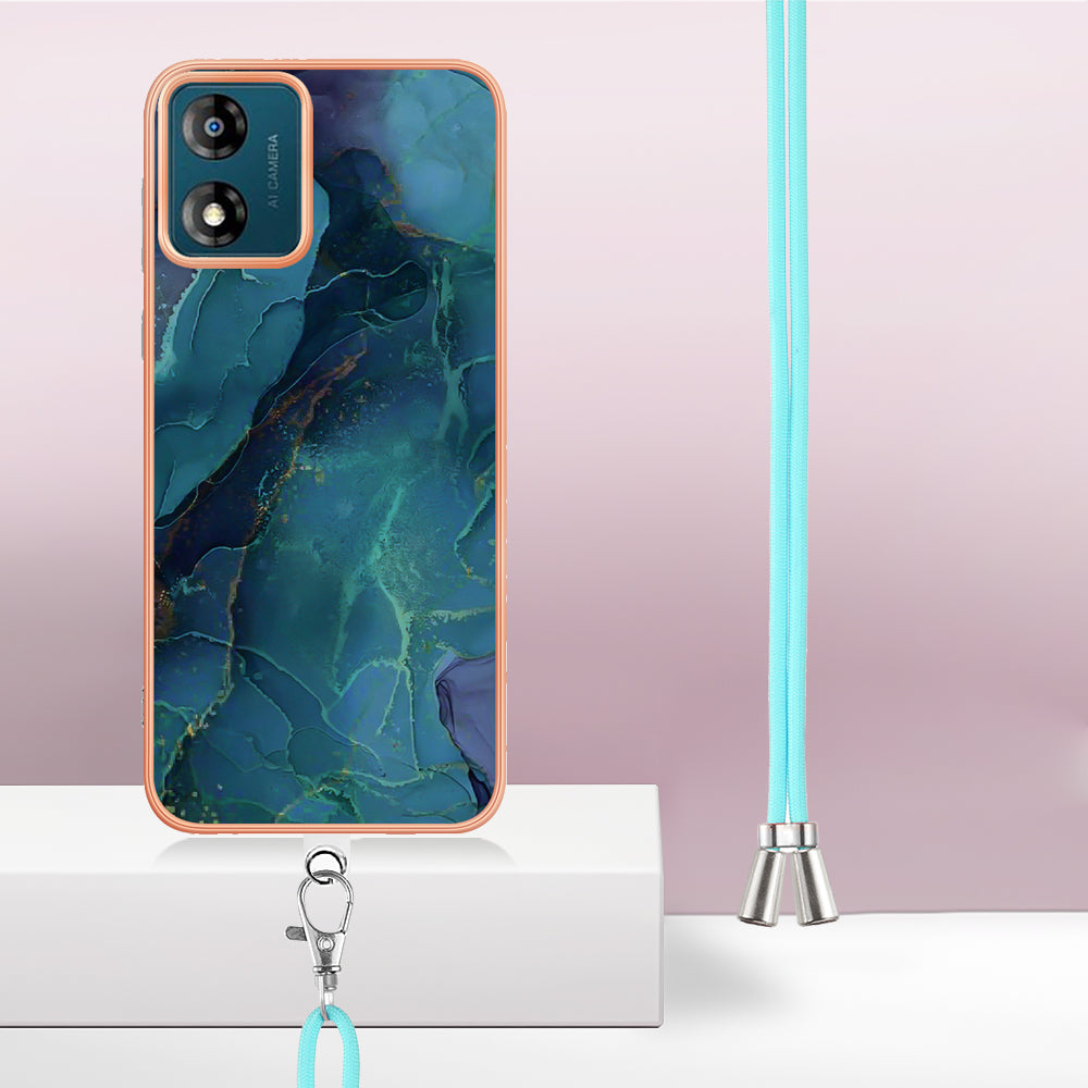 YB IMD Series-18 Style E for Motorola Moto E13 4G Marble Pattern Phone Case 2.0mm TPU Shockproof Cover with Lanyard