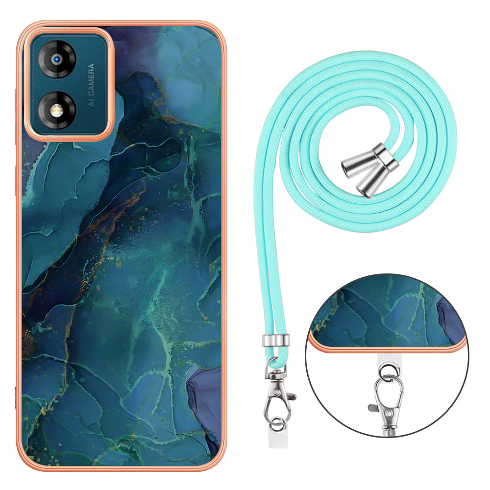 YB IMD Series-18 Style E for Motorola Moto E13 4G Marble Pattern Phone Case 2.0mm TPU Shockproof Cover with Lanyard