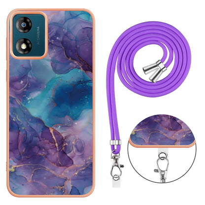 YB IMD Series-18 Style E for Motorola Moto E13 4G Marble Pattern Phone Case 2.0mm TPU Shockproof Cover with Lanyard