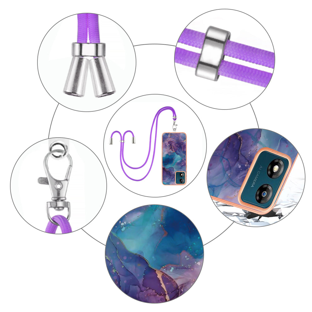 YB IMD Series-18 Style E for Motorola Moto E13 4G Marble Pattern Phone Case 2.0mm TPU Shockproof Cover with Lanyard