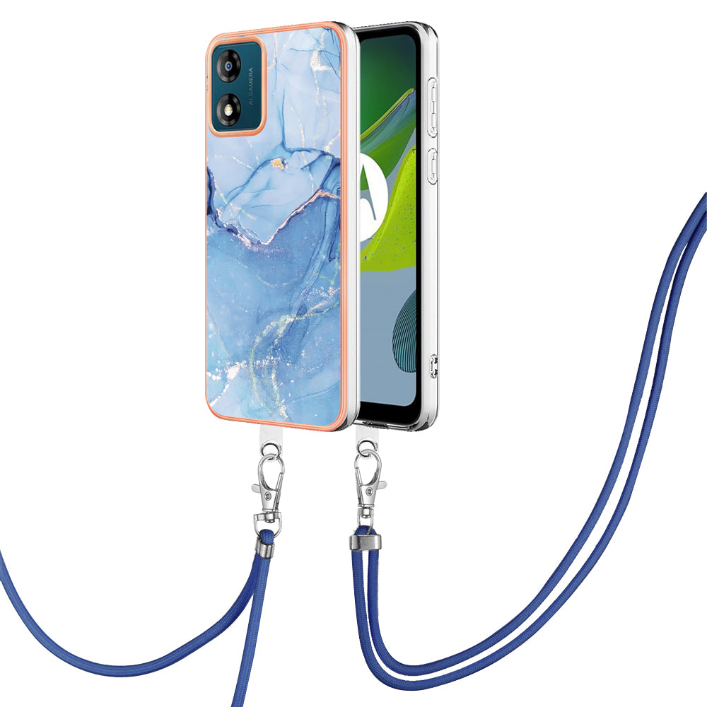YB IMD Series-18 Style E for Motorola Moto E13 4G Marble Pattern Phone Case 2.0mm TPU Shockproof Cover with Lanyard