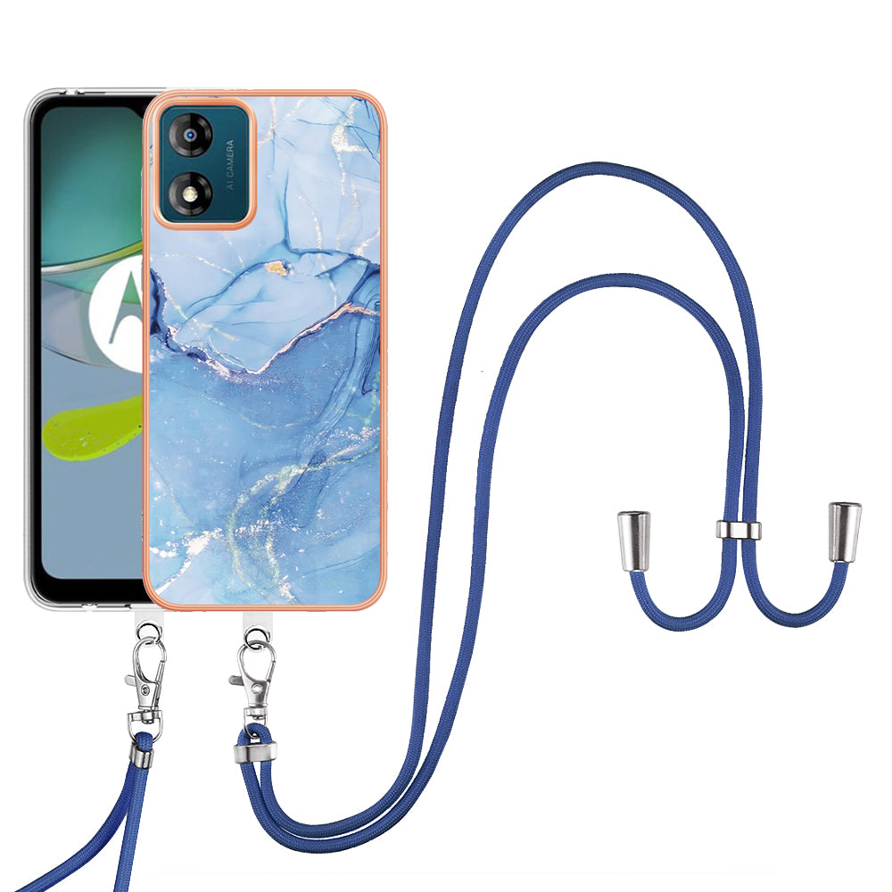 YB IMD Series-18 Style E for Motorola Moto E13 4G Marble Pattern Phone Case 2.0mm TPU Shockproof Cover with Lanyard