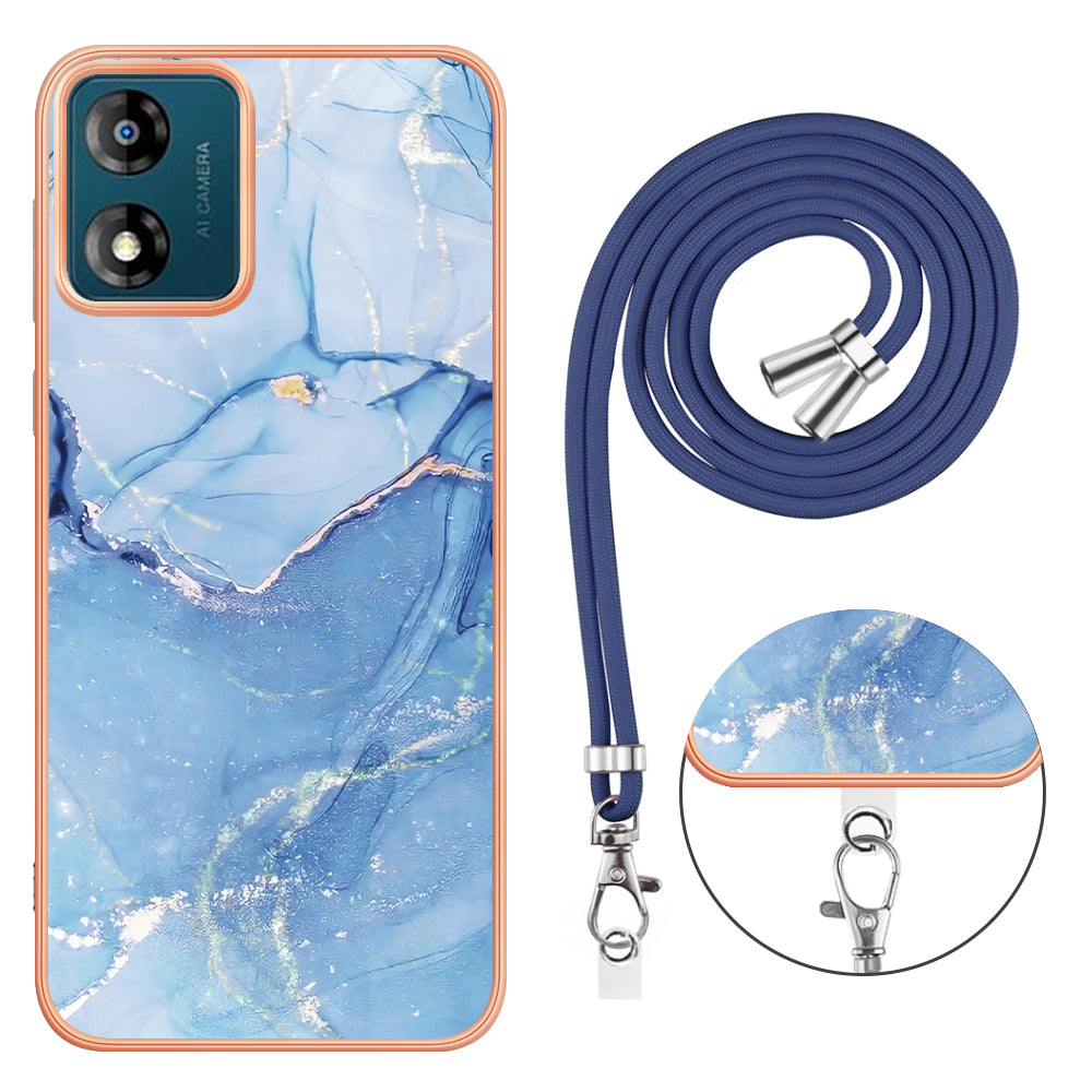 YB IMD Series-18 Style E for Motorola Moto E13 4G Marble Pattern Phone Case 2.0mm TPU Shockproof Cover with Lanyard