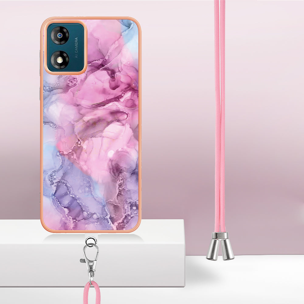 YB IMD Series-18 Style E for Motorola Moto E13 4G Marble Pattern Phone Case 2.0mm TPU Shockproof Cover with Lanyard