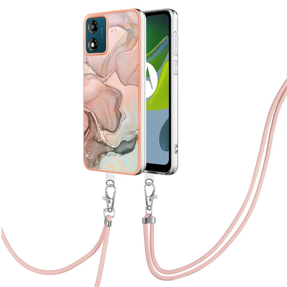 YB IMD Series-18 Style E for Motorola Moto E13 4G Marble Pattern Phone Case 2.0mm TPU Shockproof Cover with Lanyard