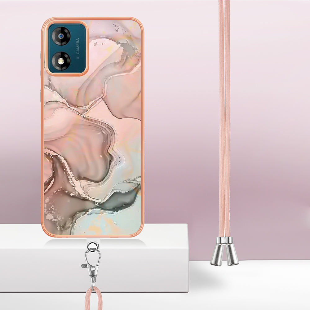 YB IMD Series-18 Style E for Motorola Moto E13 4G Marble Pattern Phone Case 2.0mm TPU Shockproof Cover with Lanyard