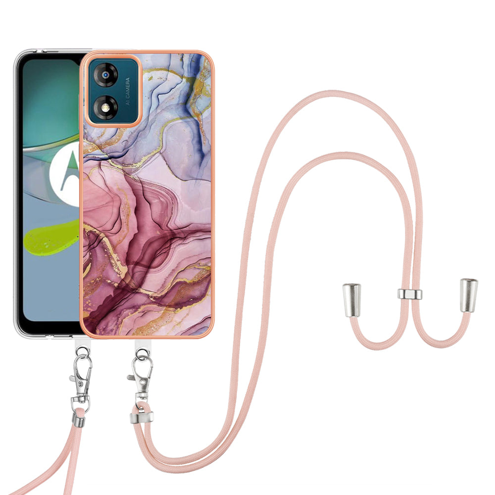 YB IMD Series-18 Style E for Motorola Moto E13 4G Marble Pattern Phone Case 2.0mm TPU Shockproof Cover with Lanyard