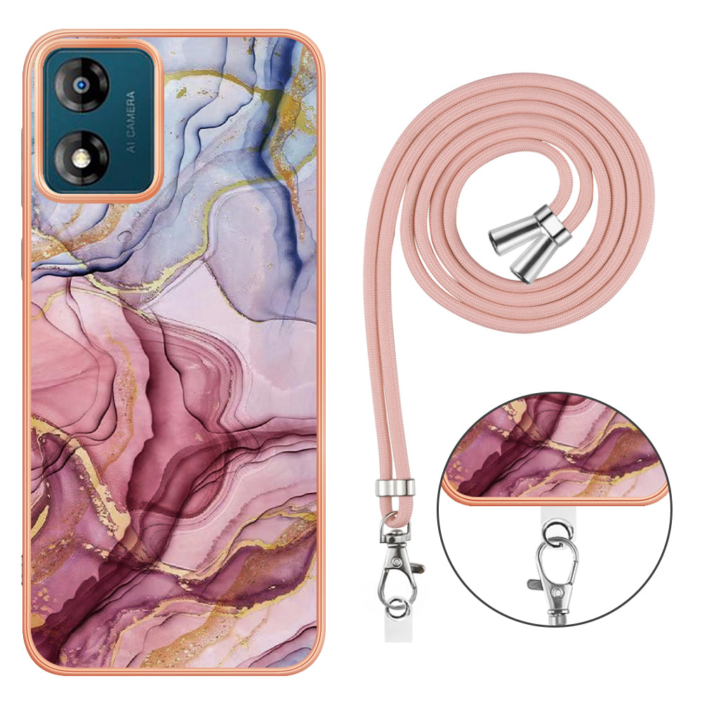 YB IMD Series-18 Style E for Motorola Moto E13 4G Marble Pattern Phone Case 2.0mm TPU Shockproof Cover with Lanyard