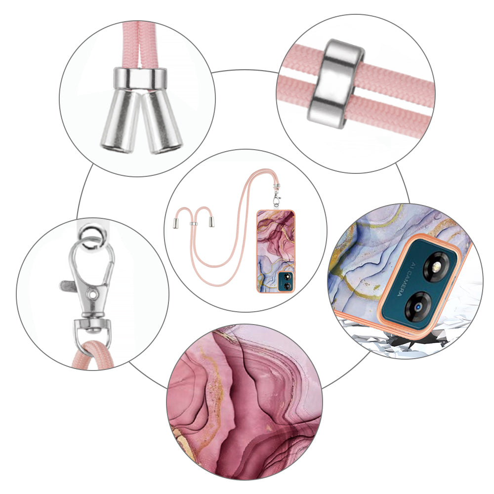 YB IMD Series-18 Style E for Motorola Moto E13 4G Marble Pattern Phone Case 2.0mm TPU Shockproof Cover with Lanyard