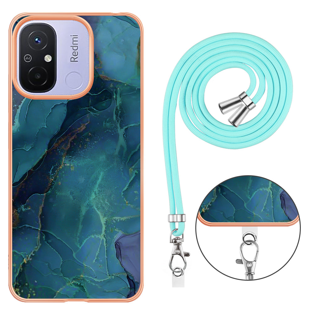 YB IMD Series-18 Style E 2.0mm TPU Case for Xiaomi Redmi 12C 4G / 11A 4G , Marble Pattern IMD Electroplating Cover with Lanyard