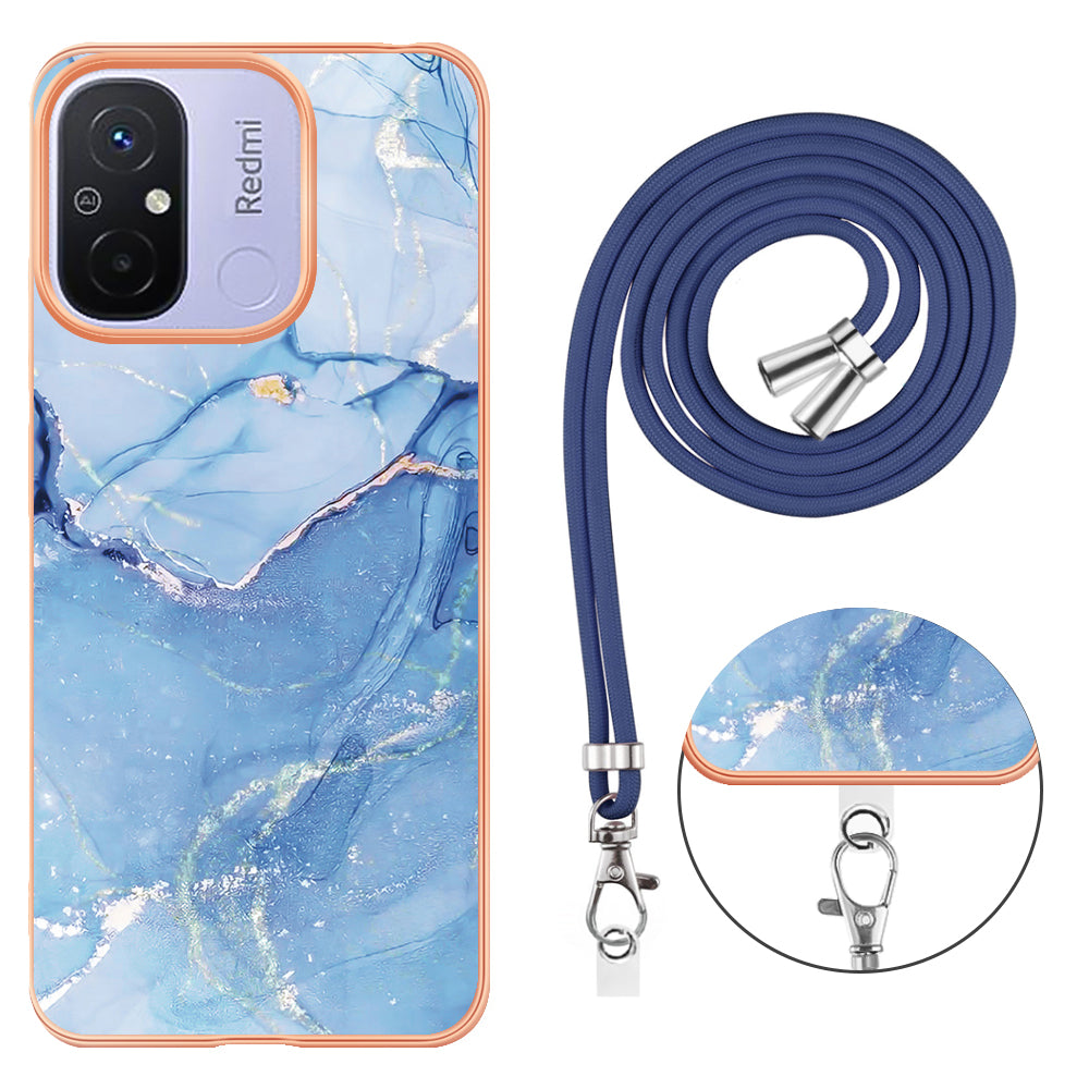YB IMD Series-18 Style E 2.0mm TPU Case for Xiaomi Redmi 12C 4G / 11A 4G , Marble Pattern IMD Electroplating Cover with Lanyard