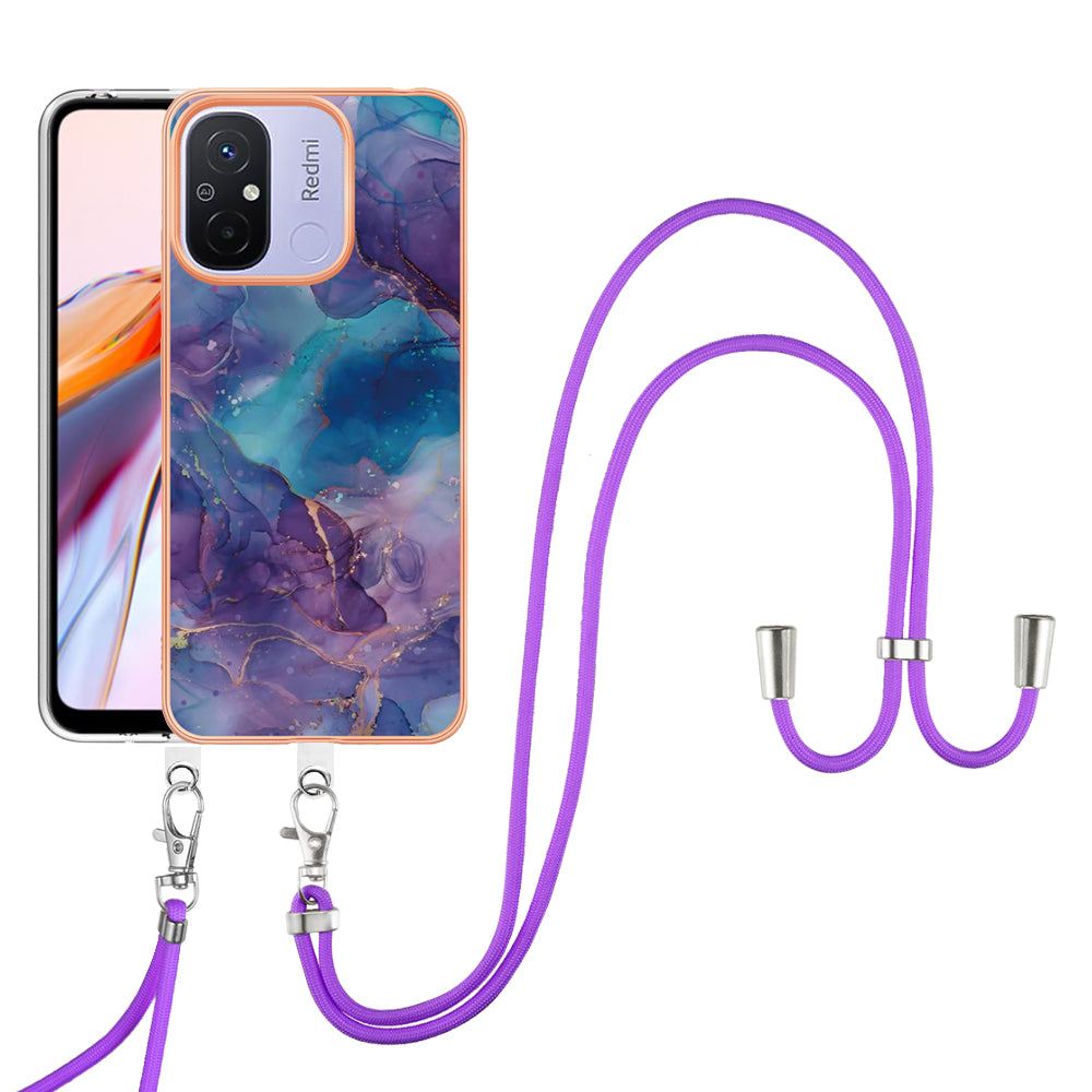 YB IMD Series-18 Style E 2.0mm TPU Case for Xiaomi Redmi 12C 4G / 11A 4G , Marble Pattern IMD Electroplating Cover with Lanyard