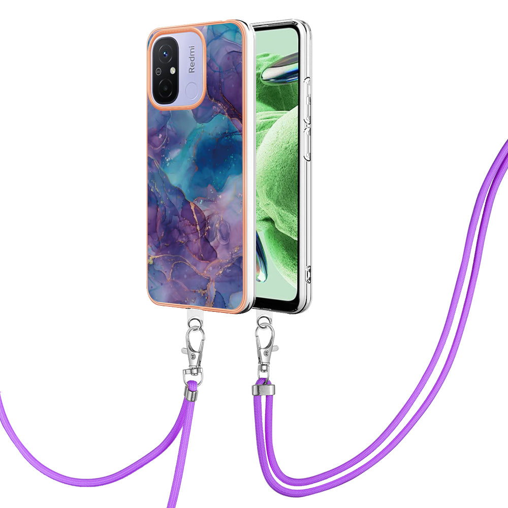 YB IMD Series-18 Style E 2.0mm TPU Case for Xiaomi Redmi 12C 4G / 11A 4G , Marble Pattern IMD Electroplating Cover with Lanyard
