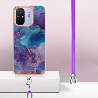 YB IMD Series-18 Style E 2.0mm TPU Case for Xiaomi Redmi 12C 4G / 11A 4G , Marble Pattern IMD Electroplating Cover with Lanyard