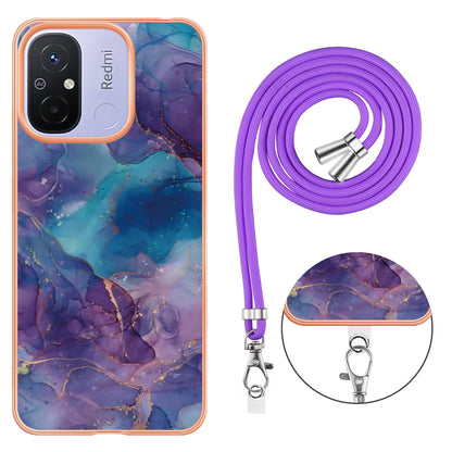 YB IMD Series-18 Style E 2.0mm TPU Case for Xiaomi Redmi 12C 4G / 11A 4G , Marble Pattern IMD Electroplating Cover with Lanyard