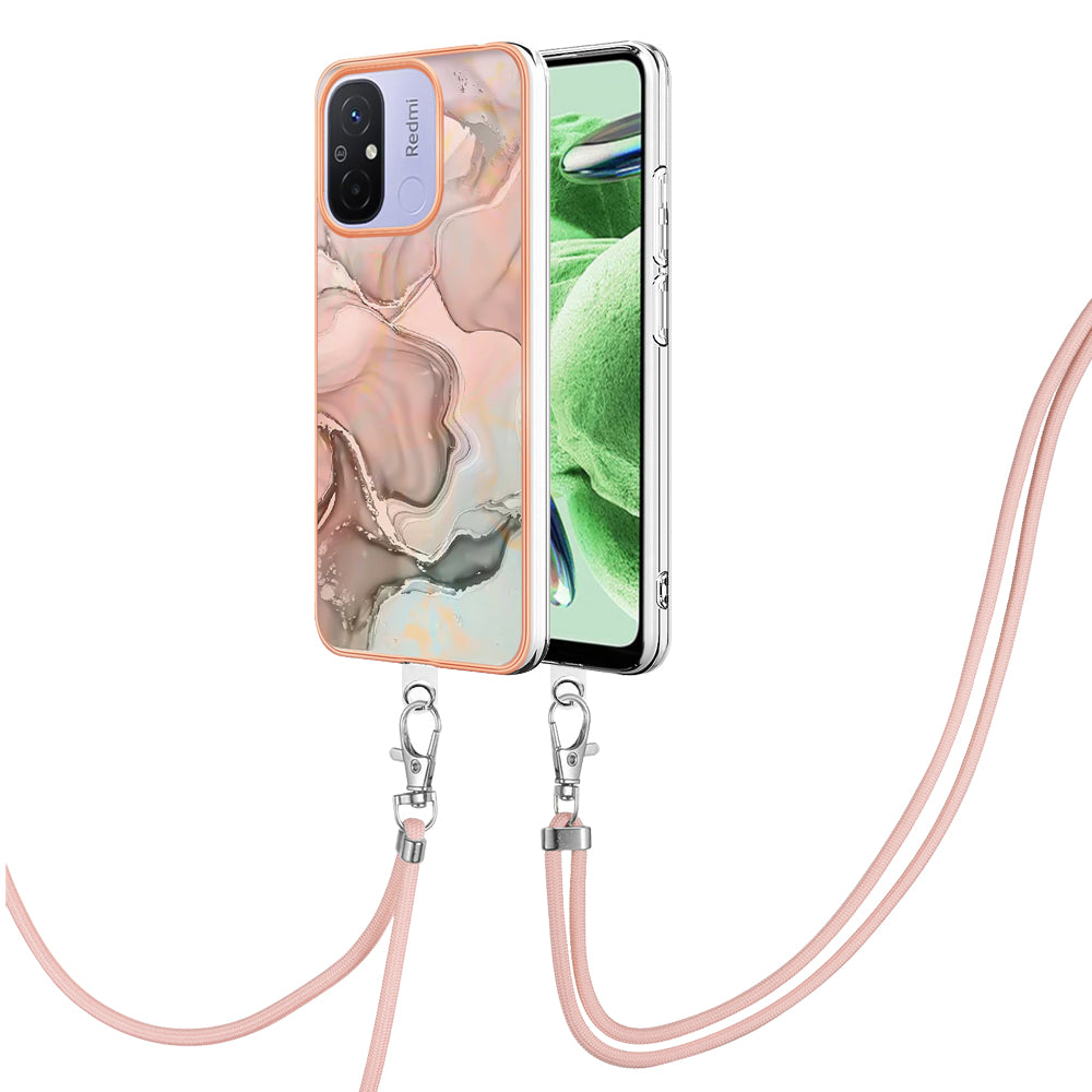 YB IMD Series-18 Style E 2.0mm TPU Case for Xiaomi Redmi 12C 4G / 11A 4G , Marble Pattern IMD Electroplating Cover with Lanyard
