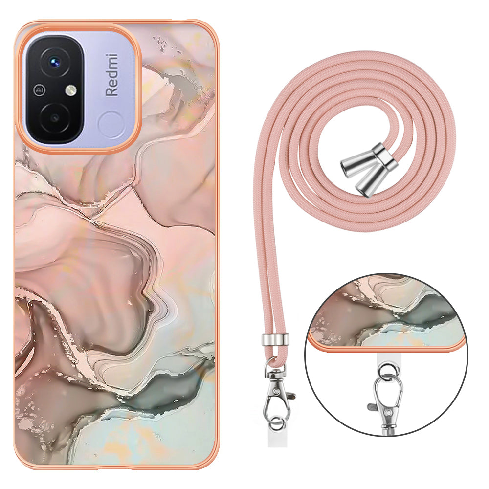 YB IMD Series-18 Style E 2.0mm TPU Case for Xiaomi Redmi 12C 4G / 11A 4G , Marble Pattern IMD Electroplating Cover with Lanyard