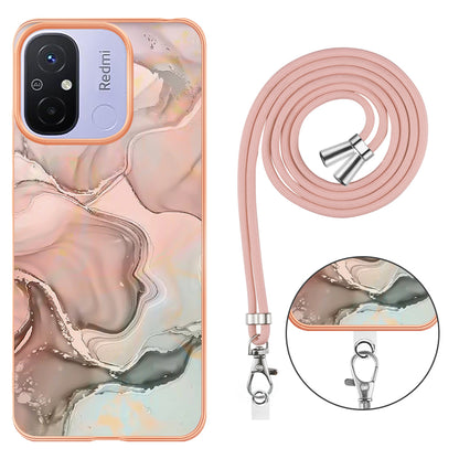YB IMD Series-18 Style E 2.0mm TPU Case for Xiaomi Redmi 12C 4G / 11A 4G , Marble Pattern IMD Electroplating Cover with Lanyard