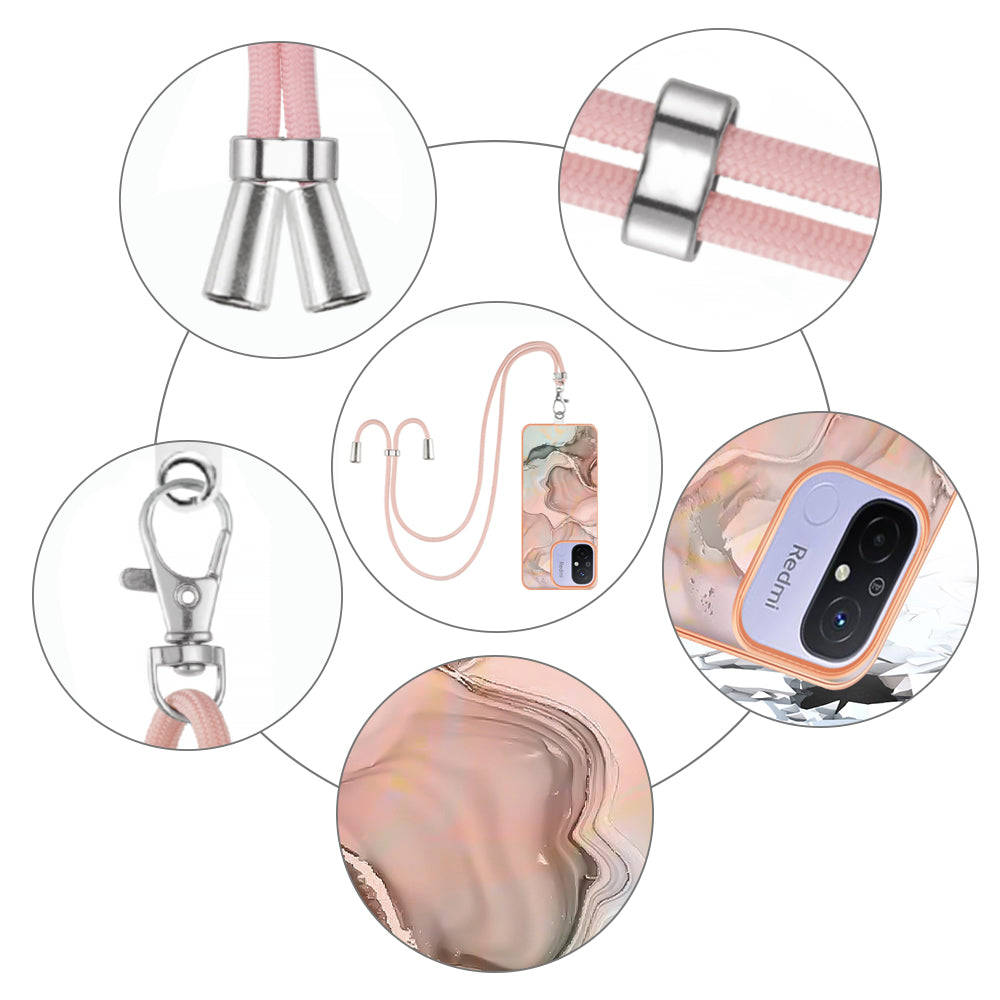 YB IMD Series-18 Style E 2.0mm TPU Case for Xiaomi Redmi 12C 4G / 11A 4G , Marble Pattern IMD Electroplating Cover with Lanyard