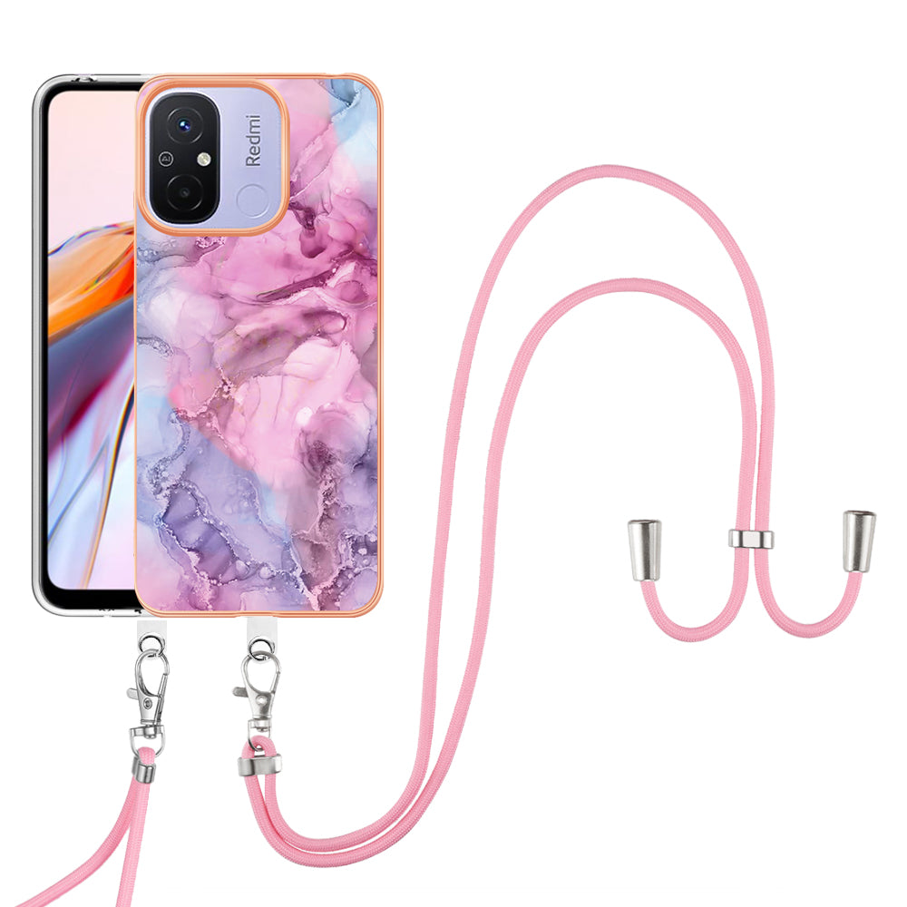 YB IMD Series-18 Style E 2.0mm TPU Case for Xiaomi Redmi 12C 4G / 11A 4G , Marble Pattern IMD Electroplating Cover with Lanyard