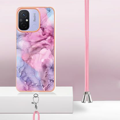 YB IMD Series-18 Style E 2.0mm TPU Case for Xiaomi Redmi 12C 4G / 11A 4G , Marble Pattern IMD Electroplating Cover with Lanyard