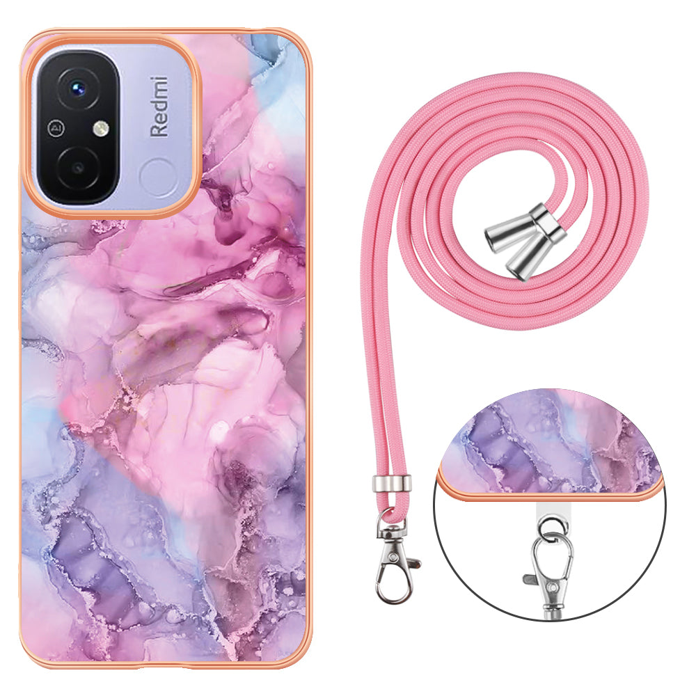 YB IMD Series-18 Style E 2.0mm TPU Case for Xiaomi Redmi 12C 4G / 11A 4G , Marble Pattern IMD Electroplating Cover with Lanyard