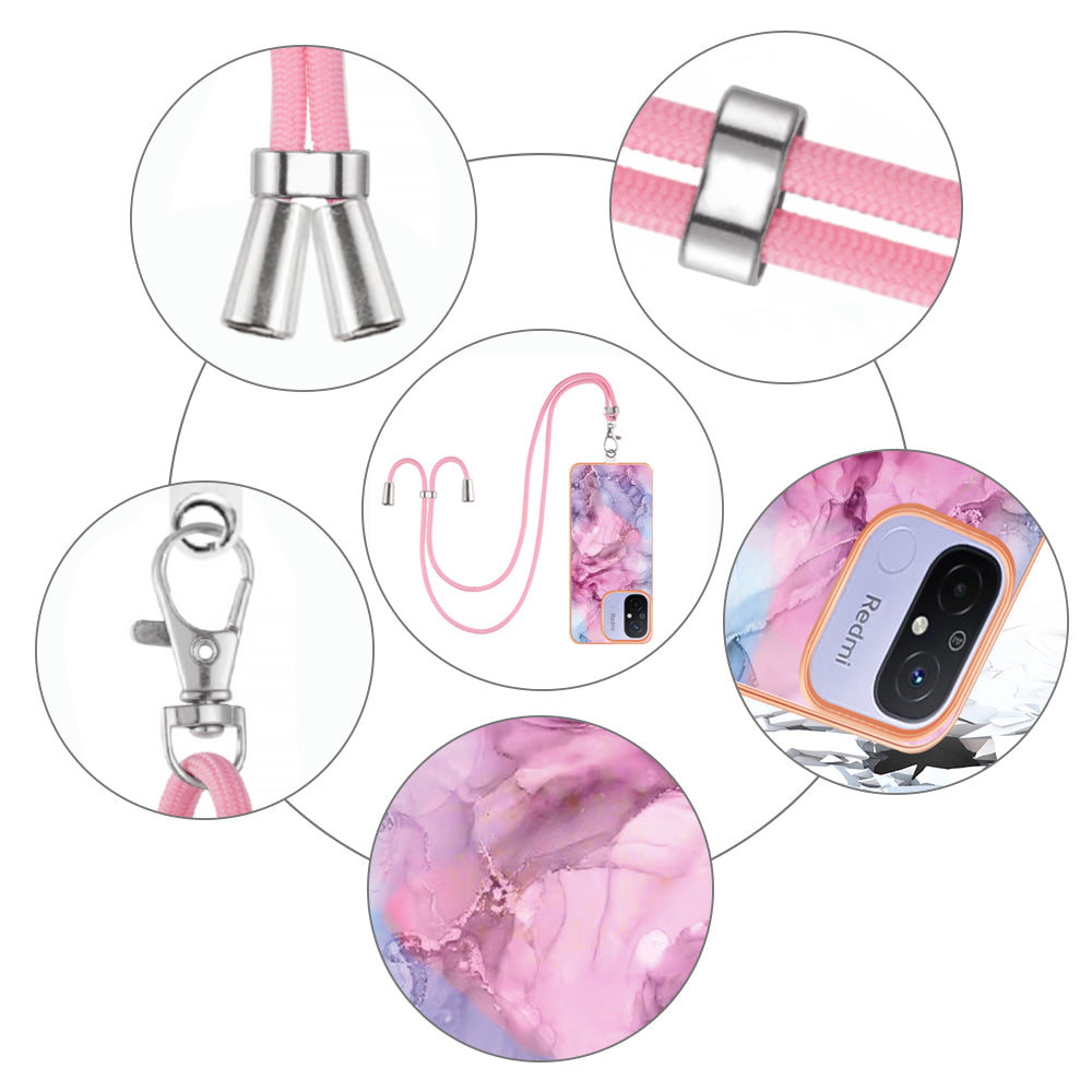 YB IMD Series-18 Style E 2.0mm TPU Case for Xiaomi Redmi 12C 4G / 11A 4G , Marble Pattern IMD Electroplating Cover with Lanyard