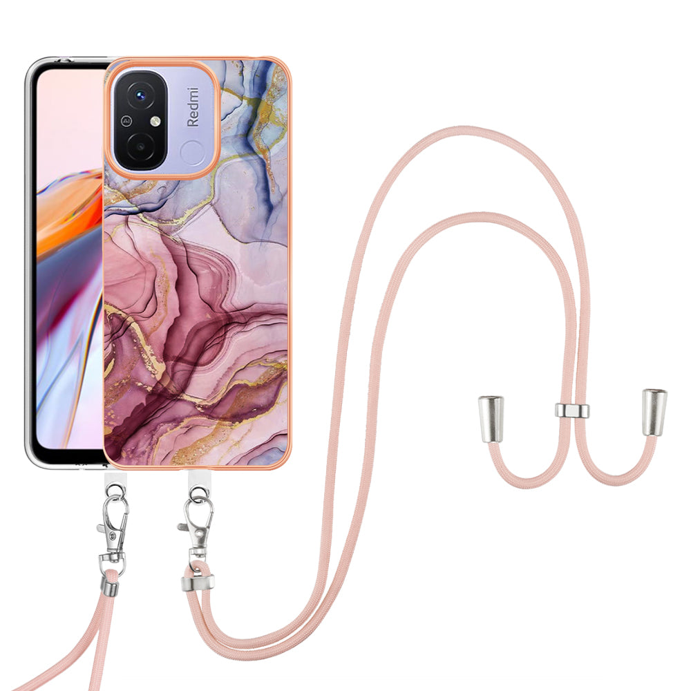 YB IMD Series-18 Style E 2.0mm TPU Case for Xiaomi Redmi 12C 4G / 11A 4G , Marble Pattern IMD Electroplating Cover with Lanyard