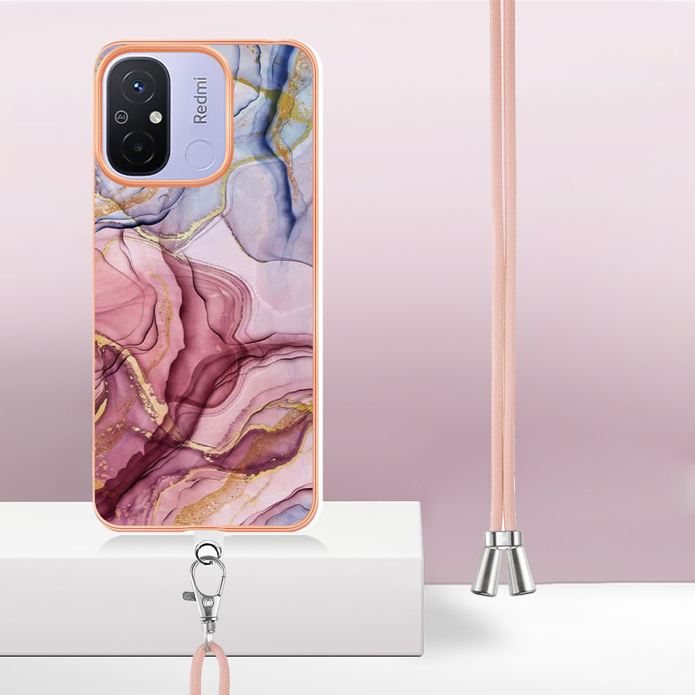 YB IMD Series-18 Style E 2.0mm TPU Case for Xiaomi Redmi 12C 4G / 11A 4G , Marble Pattern IMD Electroplating Cover with Lanyard