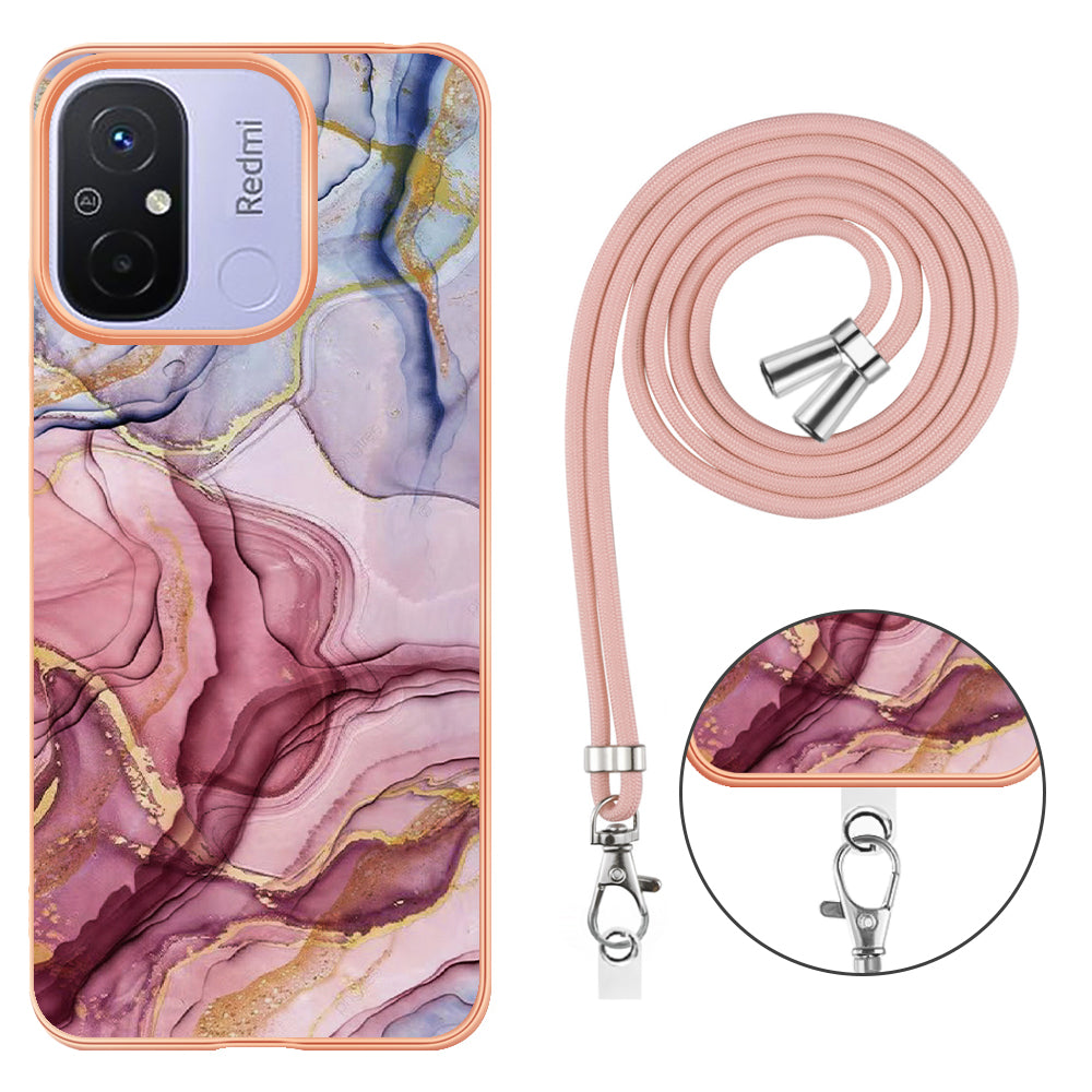 YB IMD Series-18 Style E 2.0mm TPU Case for Xiaomi Redmi 12C 4G / 11A 4G , Marble Pattern IMD Electroplating Cover with Lanyard
