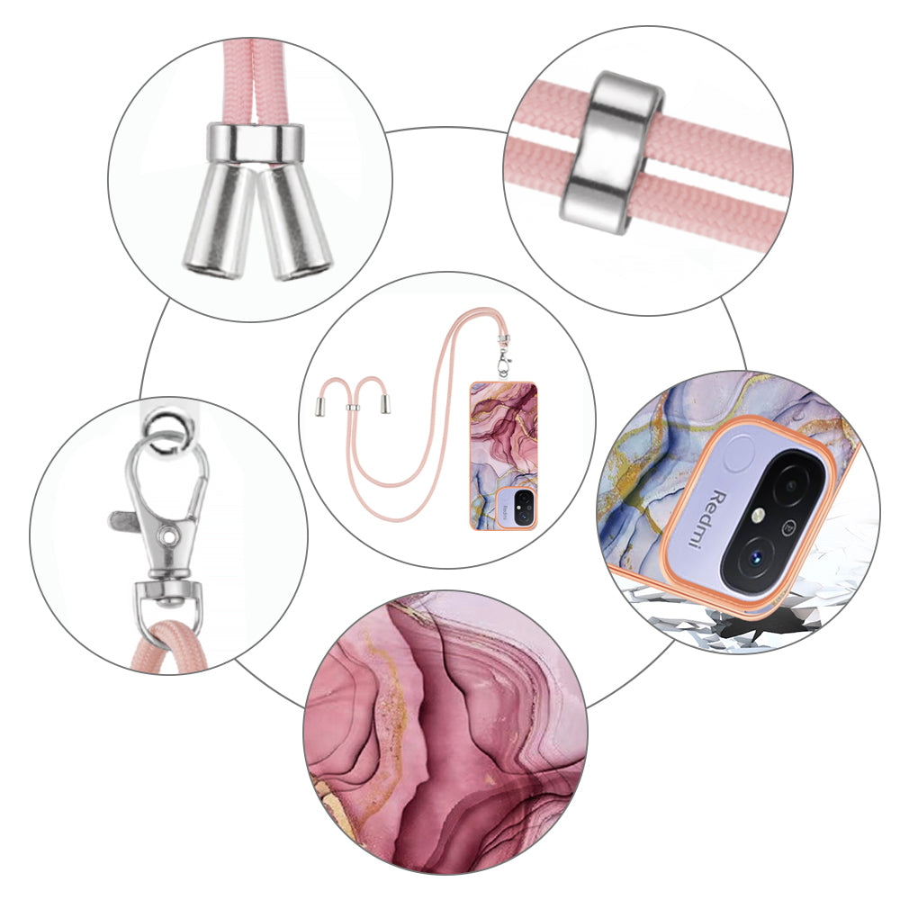 YB IMD Series-18 Style E 2.0mm TPU Case for Xiaomi Redmi 12C 4G / 11A 4G , Marble Pattern IMD Electroplating Cover with Lanyard