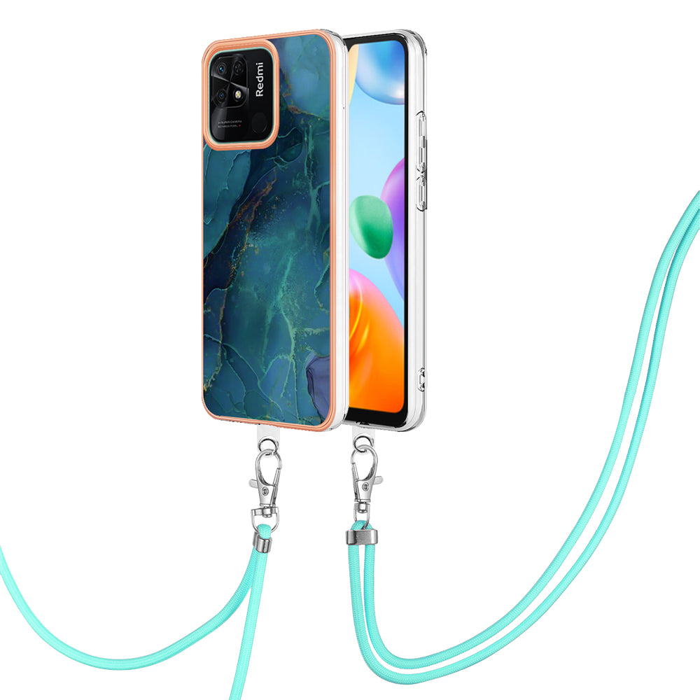 YB IMD Series-18 Style E for Xiaomi Redmi 10C 4G Marble Pattern Slim Case Electroplating 2.0mm TPU Phone Cover with Lanyard