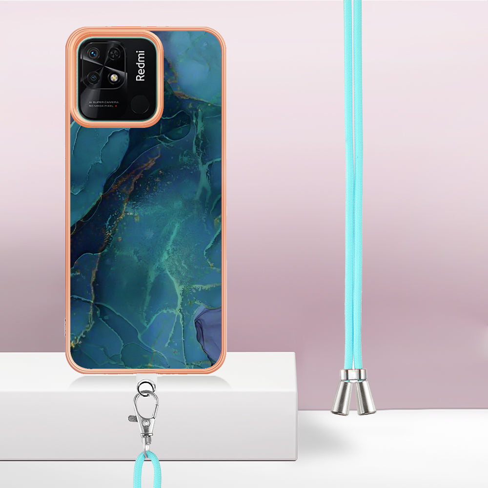 YB IMD Series-18 Style E for Xiaomi Redmi 10C 4G Marble Pattern Slim Case Electroplating 2.0mm TPU Phone Cover with Lanyard