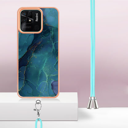 YB IMD Series-18 Style E for Xiaomi Redmi 10C 4G Marble Pattern Slim Case Electroplating 2.0mm TPU Phone Cover with Lanyard