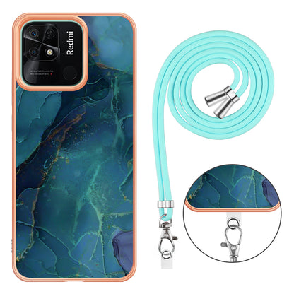 YB IMD Series-18 Style E for Xiaomi Redmi 10C 4G Marble Pattern Slim Case Electroplating 2.0mm TPU Phone Cover with Lanyard