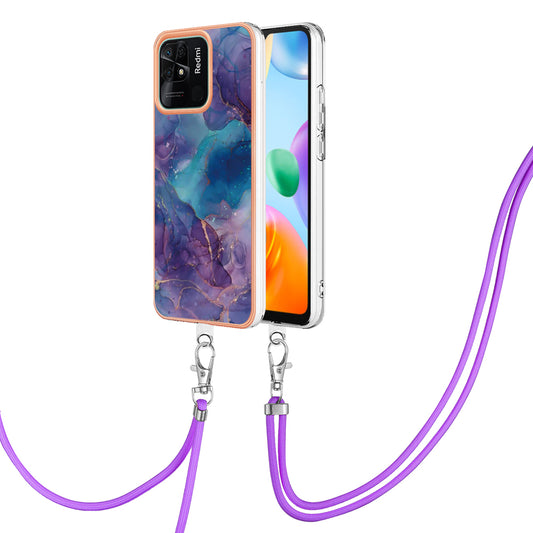 YB IMD Series-18 Style E for Xiaomi Redmi 10C 4G Marble Pattern Slim Case Electroplating 2.0mm TPU Phone Cover with Lanyard