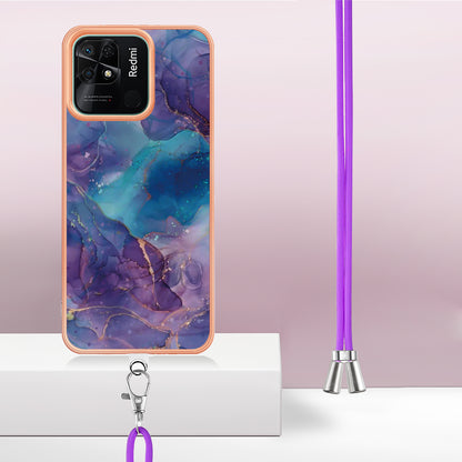 YB IMD Series-18 Style E for Xiaomi Redmi 10C 4G Marble Pattern Slim Case Electroplating 2.0mm TPU Phone Cover with Lanyard