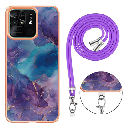 YB IMD Series-18 Style E for Xiaomi Redmi 10C 4G Marble Pattern Slim Case Electroplating 2.0mm TPU Phone Cover with Lanyard