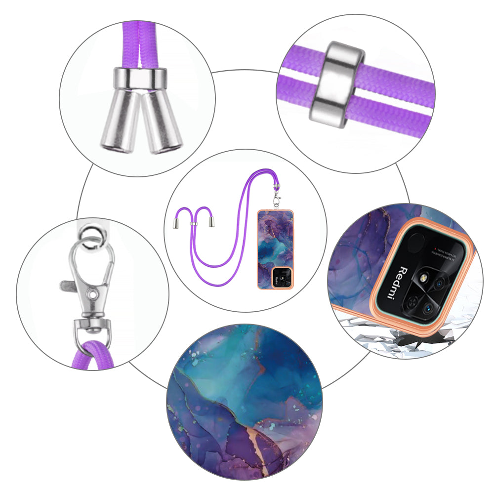 YB IMD Series-18 Style E for Xiaomi Redmi 10C 4G Marble Pattern Slim Case Electroplating 2.0mm TPU Phone Cover with Lanyard