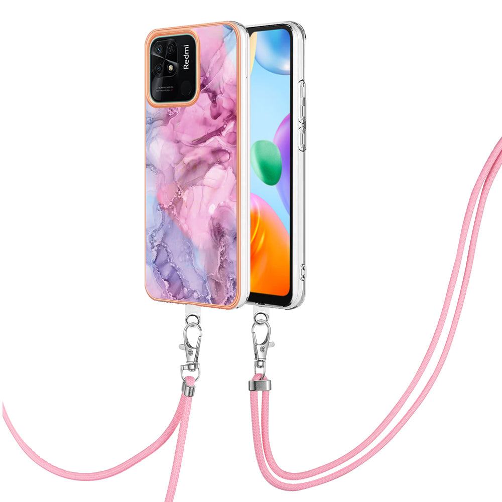YB IMD Series-18 Style E for Xiaomi Redmi 10C 4G Marble Pattern Slim Case Electroplating 2.0mm TPU Phone Cover with Lanyard