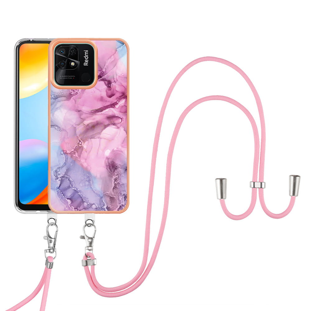 YB IMD Series-18 Style E for Xiaomi Redmi 10C 4G Marble Pattern Slim Case Electroplating 2.0mm TPU Phone Cover with Lanyard