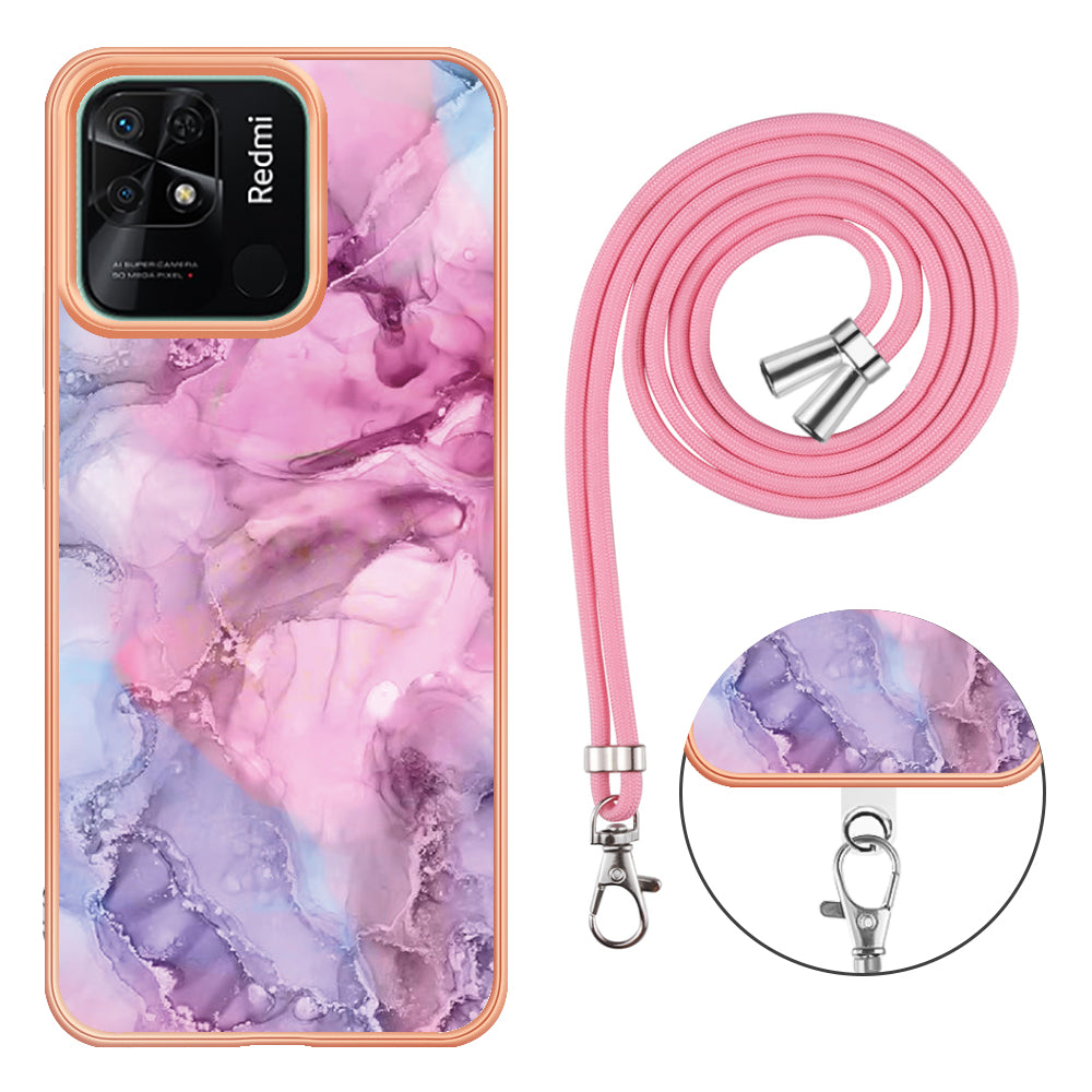 YB IMD Series-18 Style E for Xiaomi Redmi 10C 4G Marble Pattern Slim Case Electroplating 2.0mm TPU Phone Cover with Lanyard