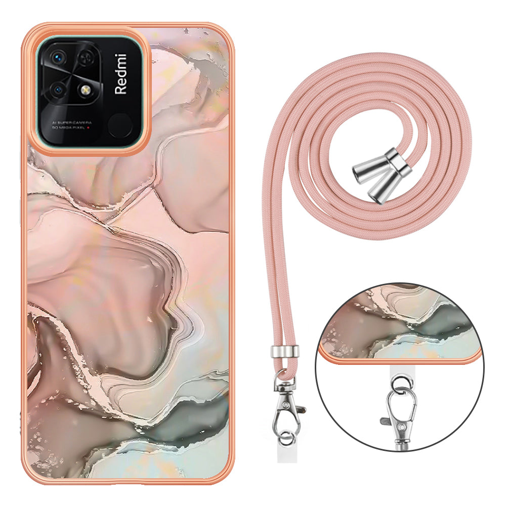 YB IMD Series-18 Style E for Xiaomi Redmi 10C 4G Marble Pattern Slim Case Electroplating 2.0mm TPU Phone Cover with Lanyard