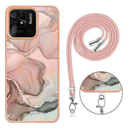 YB IMD Series-18 Style E for Xiaomi Redmi 10C 4G Marble Pattern Slim Case Electroplating 2.0mm TPU Phone Cover with Lanyard