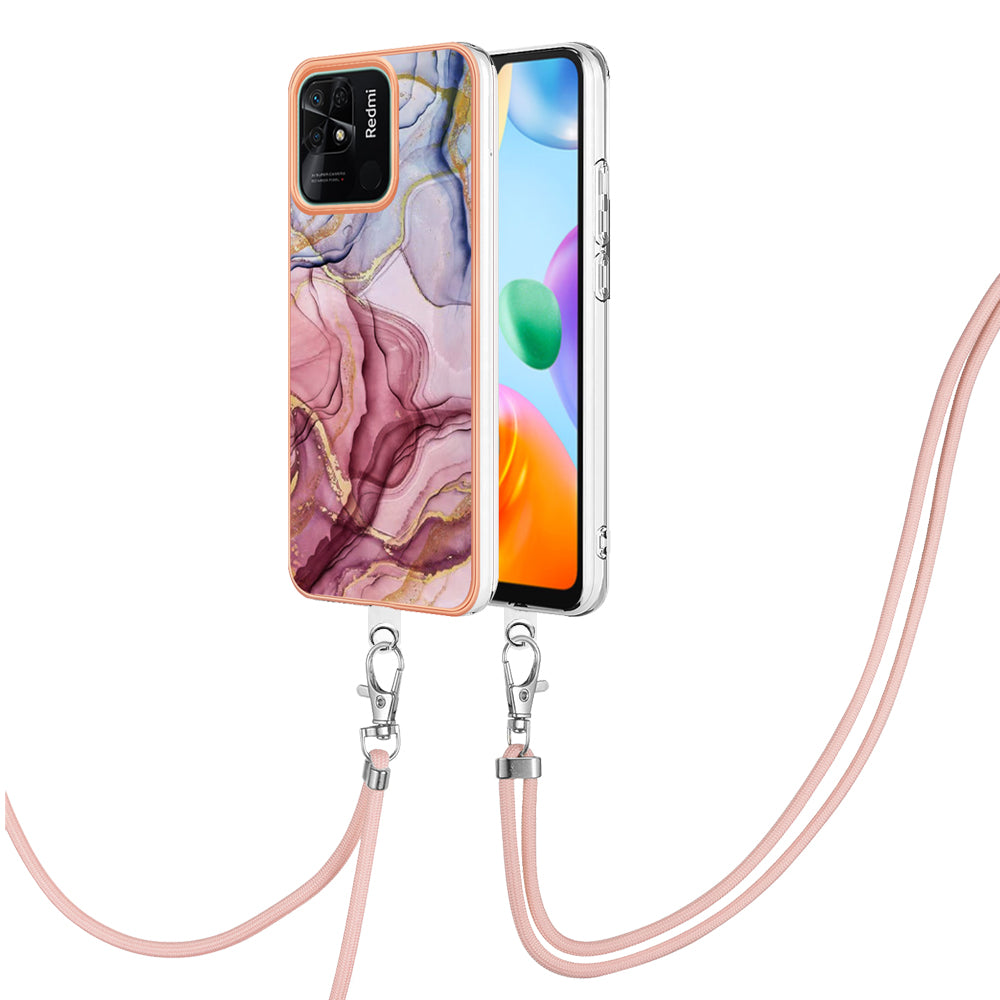 YB IMD Series-18 Style E for Xiaomi Redmi 10C 4G Marble Pattern Slim Case Electroplating 2.0mm TPU Phone Cover with Lanyard