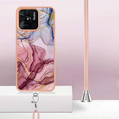 YB IMD Series-18 Style E for Xiaomi Redmi 10C 4G Marble Pattern Slim Case Electroplating 2.0mm TPU Phone Cover with Lanyard