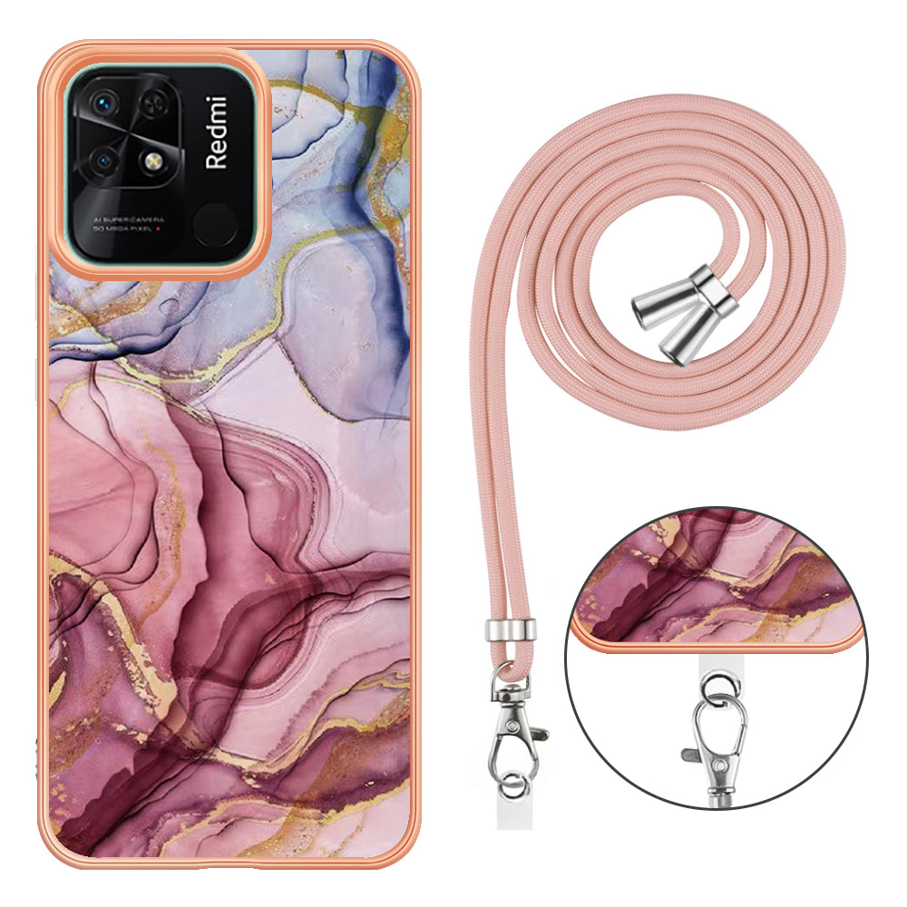 YB IMD Series-18 Style E for Xiaomi Redmi 10C 4G Marble Pattern Slim Case Electroplating 2.0mm TPU Phone Cover with Lanyard