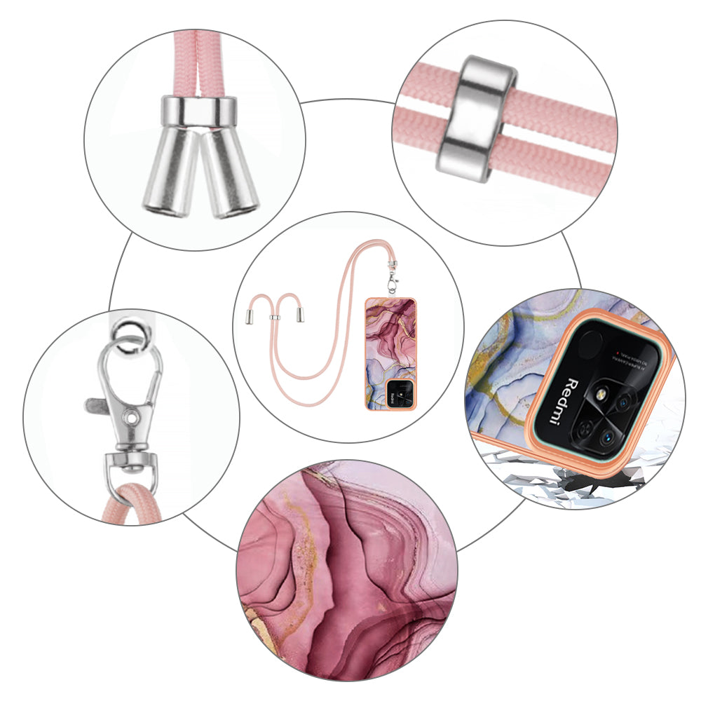 YB IMD Series-18 Style E for Xiaomi Redmi 10C 4G Marble Pattern Slim Case Electroplating 2.0mm TPU Phone Cover with Lanyard