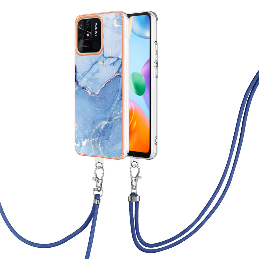 YB IMD Series-18 Style E for Xiaomi Redmi 10C 4G Marble Pattern Slim Case Electroplating 2.0mm TPU Phone Cover with Lanyard